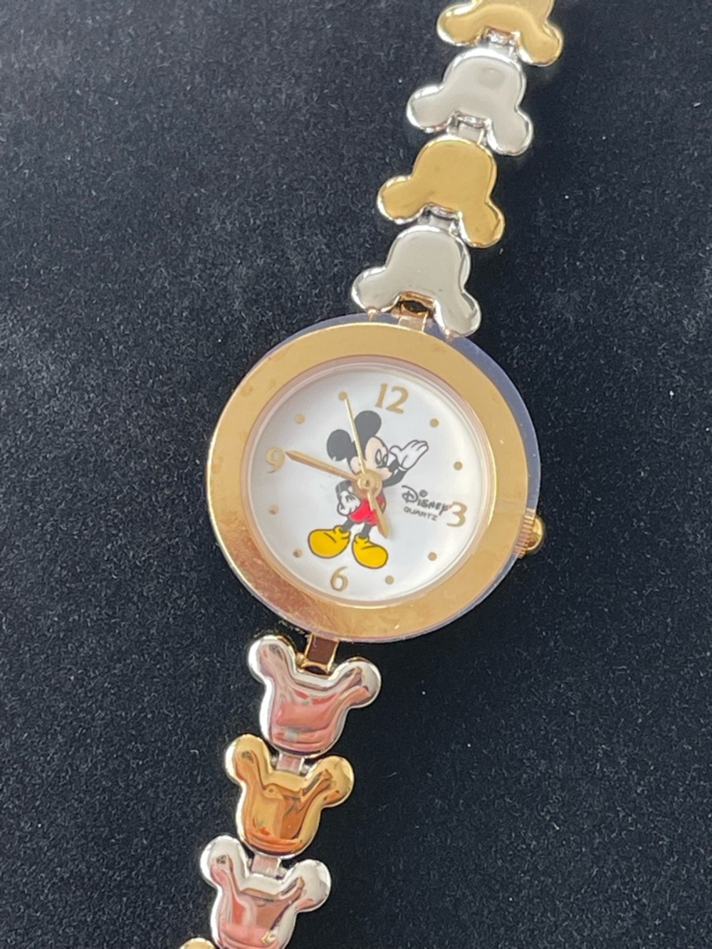 Vintage Time Works Disney Mickey Mouse Hand Watch Dainty Bracelet 2 Tone Quartz